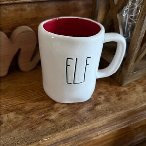 Rae Dunn Style 'ELF' White Ceramic Mug with Red Interior